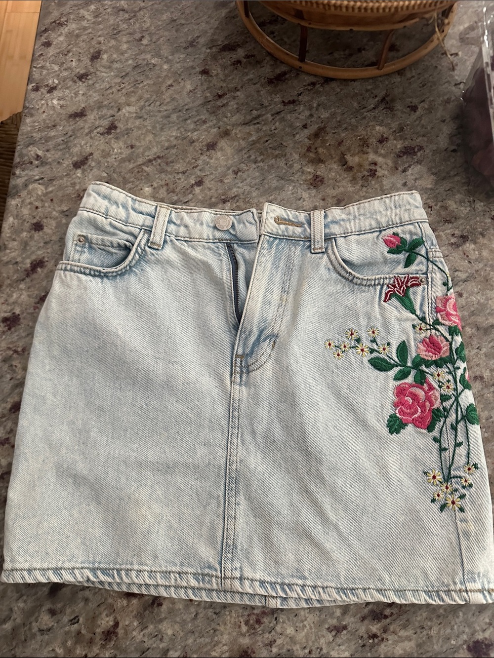 Bershka Light Blue Denim Mini Skirt with Pink Rose Embroidery bershka